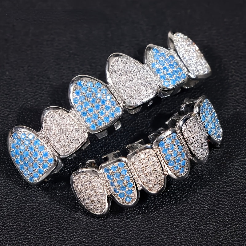 Blue & White Iced Out Silver-Tone Grillz Set