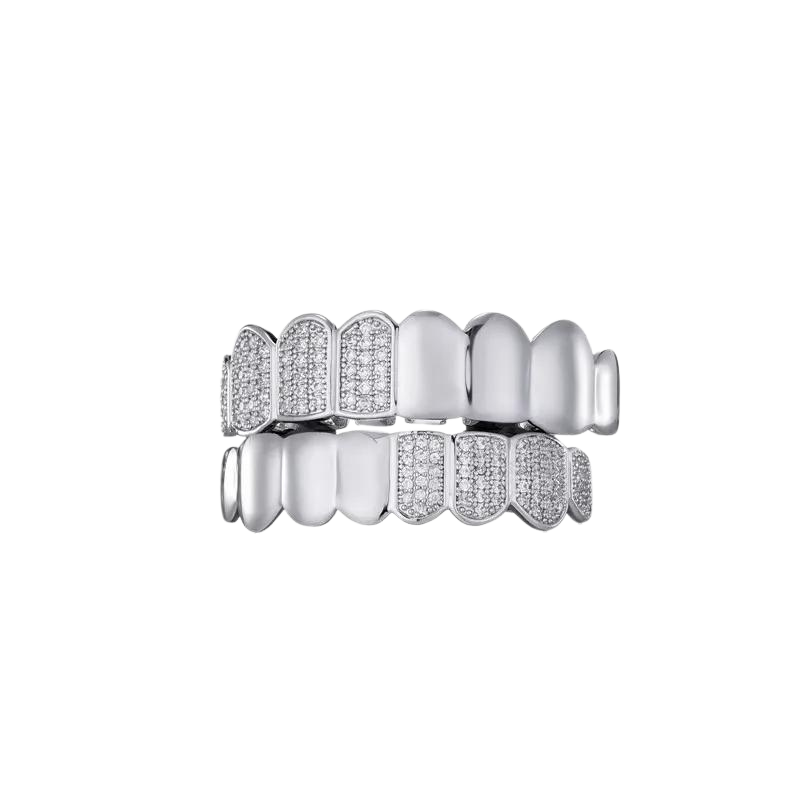 Iced Out & Solid Silver Tone Grillz Top & Bottom Set