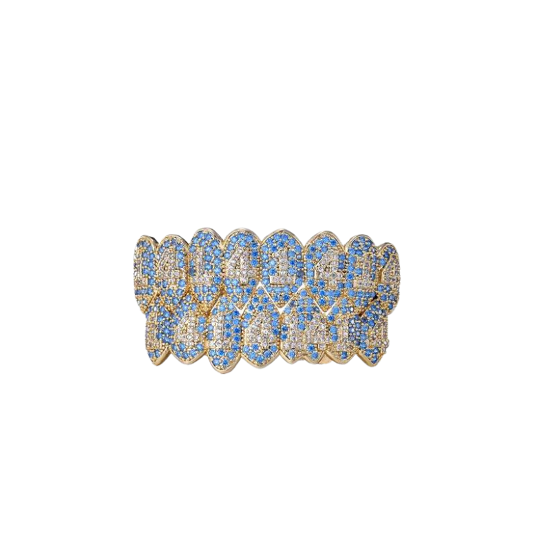 Gold Tone Wavy Pave White and Blue Grillz