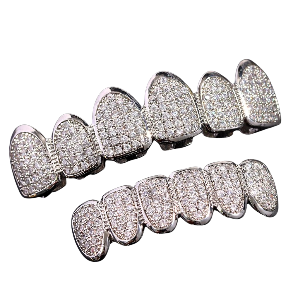 Iced Out Silver-Tone Full Set Cubic Zirconia Grillz